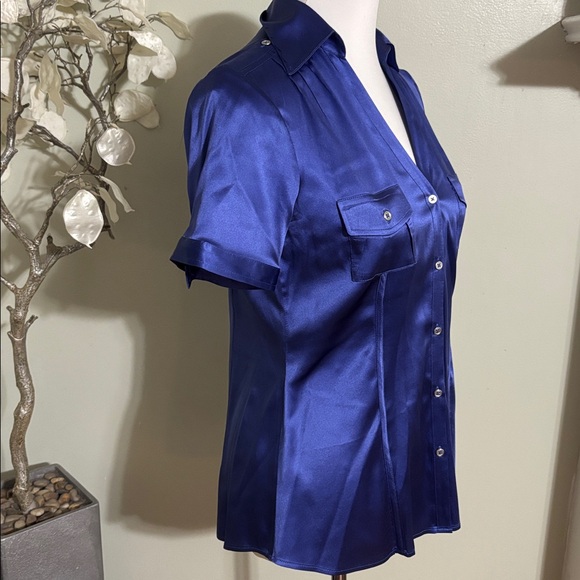 White House Black Market Silk Blue Button Down Blouse - Picture 3 of 4
